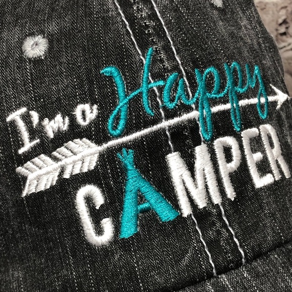 "I’m a Happy Camper" Embroidered & Distressed Cap - Picture 2 of 8